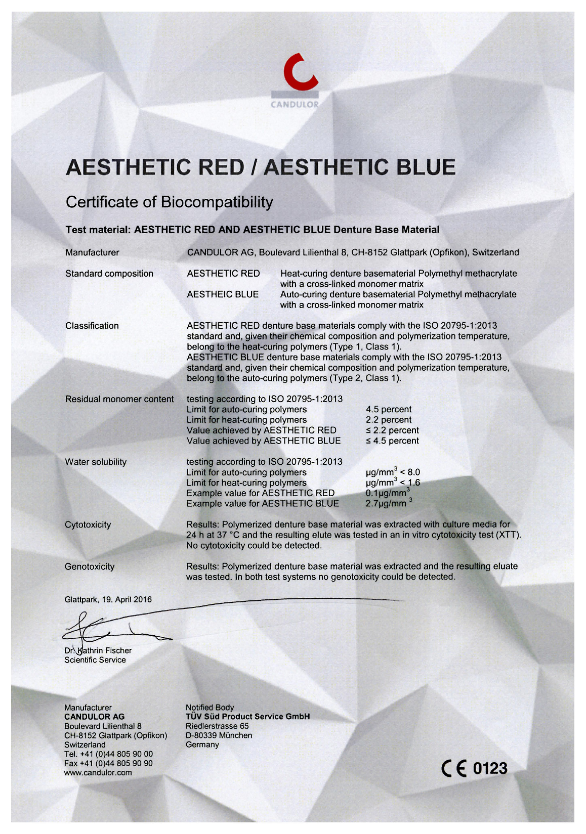 AESTHETIC RED and AESTHETIC BLUE Certificate of Biocompatibility